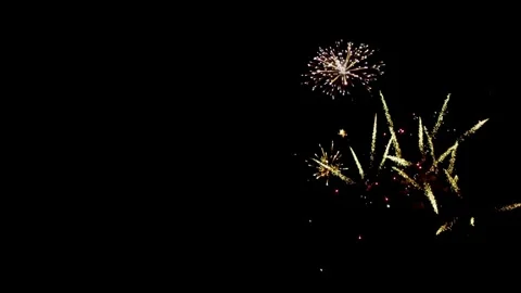 Gold and colorful fireworks explode in the night sky Video stock 329676077