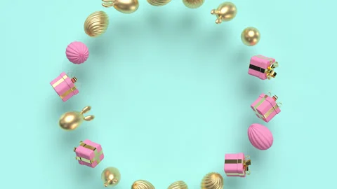 Gold and pink rotating Easter eggs with bunny ears and gifts  Stock Footage 301675817
