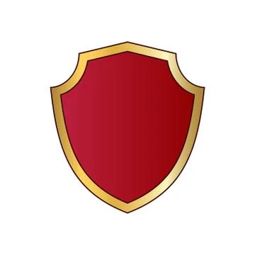 Gold and red shield shape icon. Logo emblem metallic sign isolated on white b Stock Illustration
