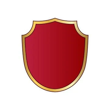 Gold and red shield shape icon. Logo emblem metallic sign isolated on white b Stock Illustration