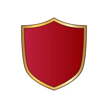 Gold and red shield shape icon. Logo emblem metallic sign isolated on white b Stock Illustration