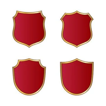 Gold and red shield shape icons set. Logo emblem metallic signs isolated on w Stock Illustration