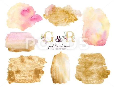 Gold and rose watercolor acrylic paint background shape. Abstract golden art Stock Illustration