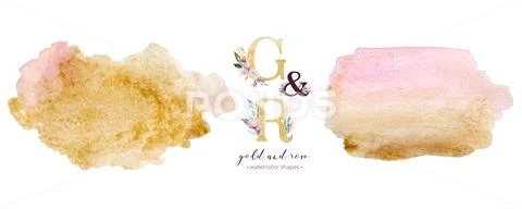 Gold and rose watercolor acrylic paint background shape. Abstract golden art Stock Illustration
