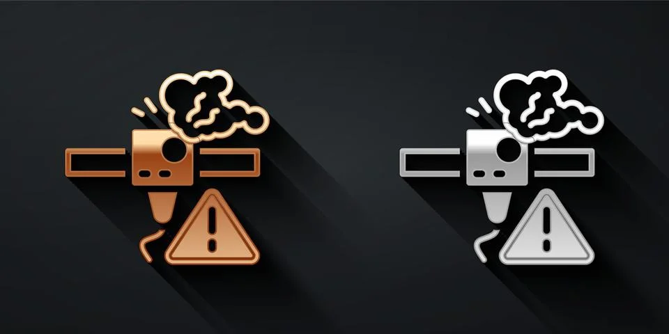 Gold and silver 3D printer warning icon isolated on black background. 3d Illustrazione stock