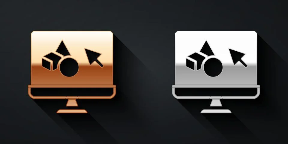 Gold and silver 3D printer software icon isolated on black background. 3d Stock Illustration