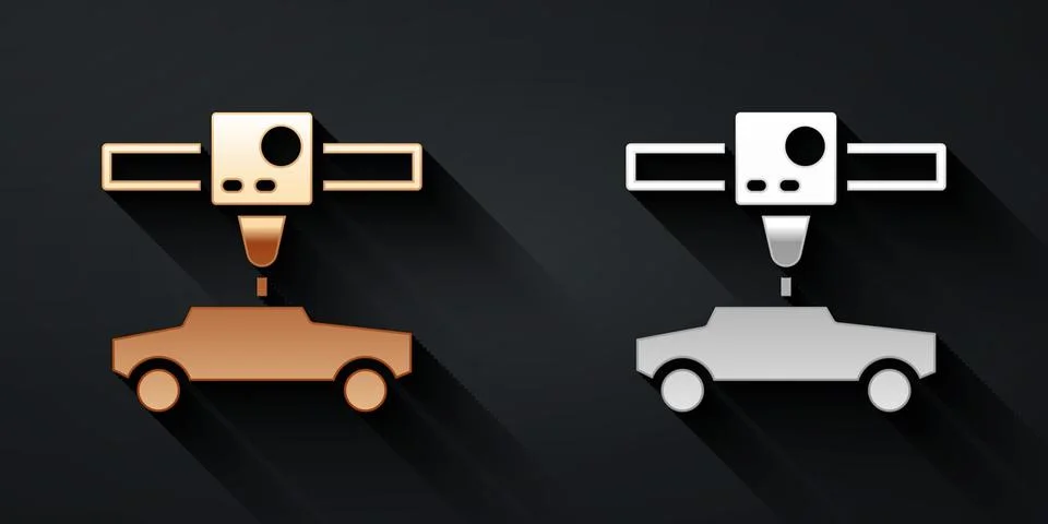 Gold and silver 3D printer car icon isolated on black background. 3d printing Stock Illustration