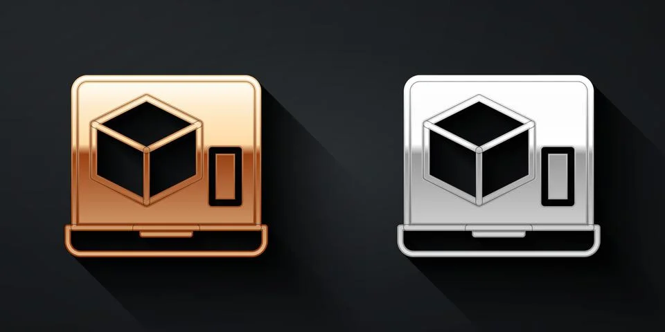 Gold and silver 3D printer icon isolated on black background. 3d printing. Long Illustrazione stock