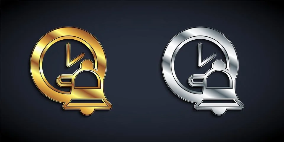 Gold and silver Alarm clock icon isolated on black background. Wake up, get up Stock Illustration