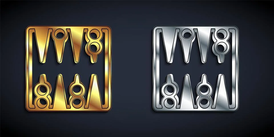 Gold and silver Backgammon board icon isolated on black background. Long shadow Illustrazione stock