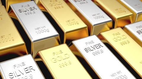 Gold and silver bars, and a Bitcoin coin above them. 動画素材 333889734