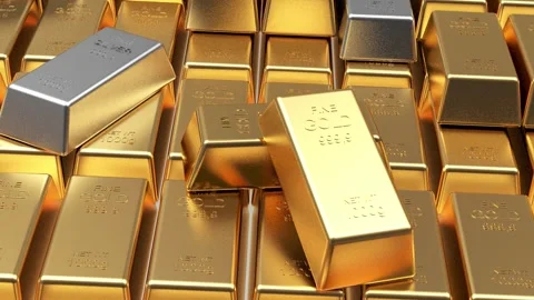 Gold and silver bars are tightly stacked on top of each other in a 3D animation Stock Footage 339233368