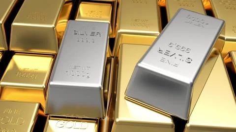Gold and silver bars close-up in 3D rendering Stock Footage 338286817