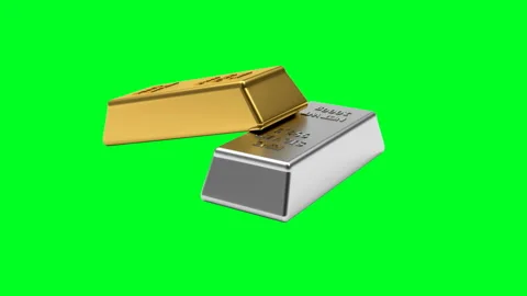 Gold and silver bars rotates on a green screen in 3D animation. 4K Stock Footage 151312053