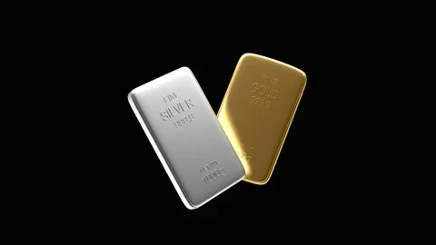 Gold and silver bars rotating on black, 3D render. Stock-Footage 334565206