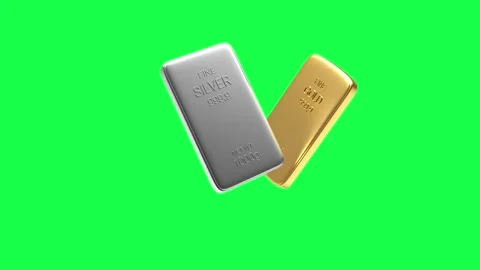Gold and silver bars spinning on green screen, 3D render. Видео 336073144