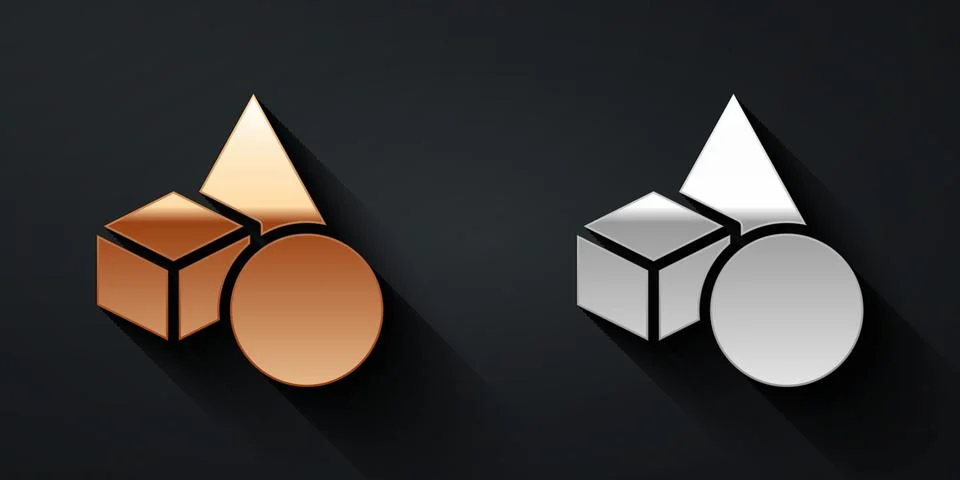 Gold and silver Basic geometric shapes icon isolated on black background. Long 스톡 일러스트