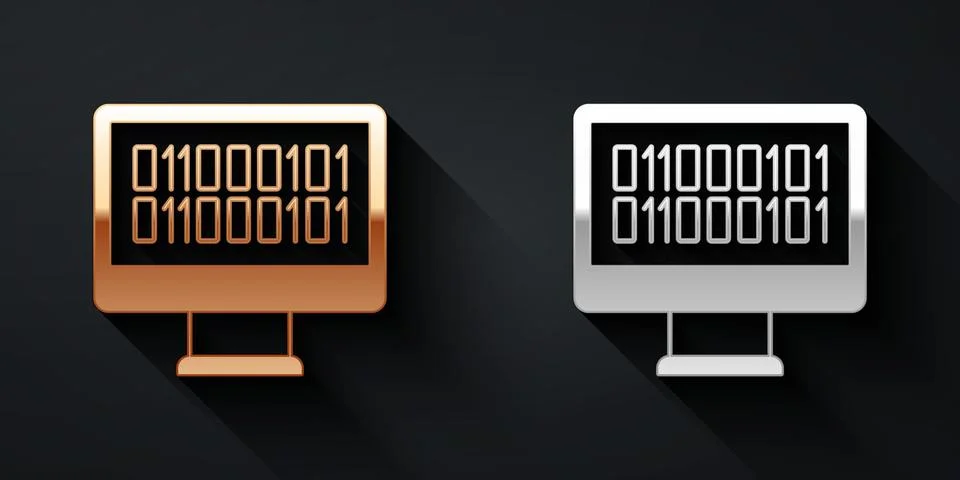 Gold and silver Binary code icon isolated on black background. Long shadow style Stock Illustration