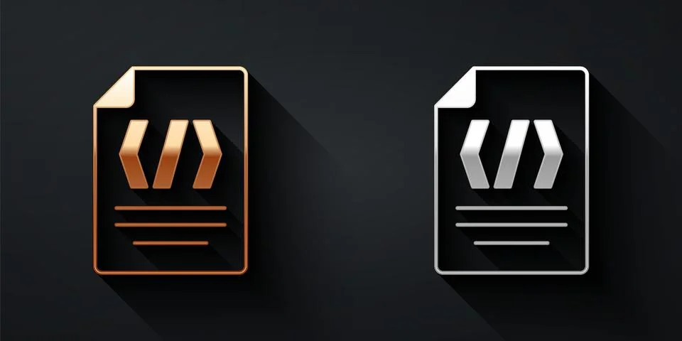 Gold and silver Binary code icon isolated on black background. Long shadow st Stock Illustration