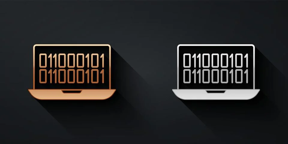 Gold and silver Binary code icon isolated on black background. Long shadow style 库存插图