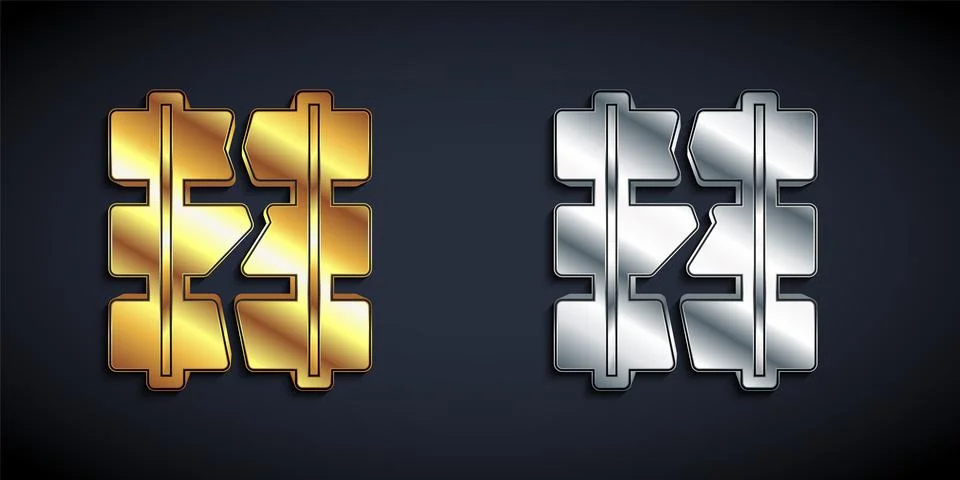 Gold and silver Broken or cracked rails on a railway icon isolated on black Stock Illustration