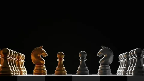Gold and silver chess pieces on black background 3D render Stock Footage 339068543