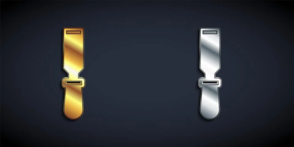Gold and silver Chisel tool for wood icon isolated on black background. Long Ilustración de archivo