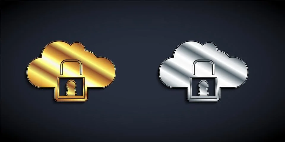 Gold and silver Cloud computing lock icon isolated on black background. Security 스톡 일러스트