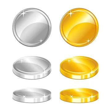 Gold and silver coins in different positions on white background. Vector Stock Illustration