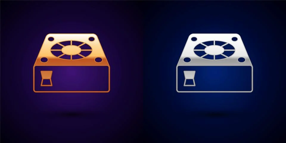 Gold and silver Computer cooler icon isolated on black background. PC hardware Illustrazione stock