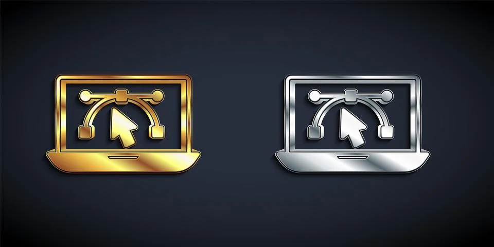 Gold and silver Computer display with vector design program icon isolated o.. Stock Illustration