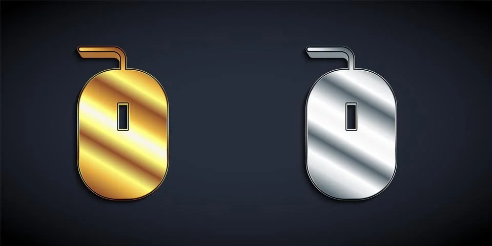 Gold and silver Computer mouse gaming icon isolated on black background. Optical Stock Illustration