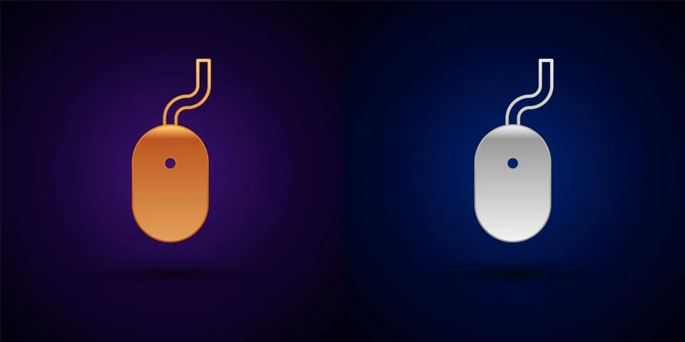 Gold and silver Computer mouse icon isolated on black background. Optical with Stock Illustration