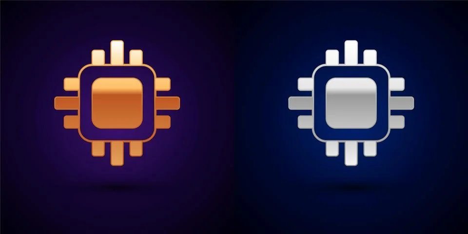 Gold and silver Computer processor with microcircuits CPU icon isolated on black Illustrazione stock