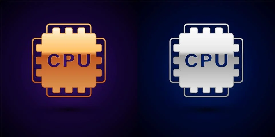 Gold and silver Computer processor with microcircuits CPU icon isolated on black Illustrazione stock