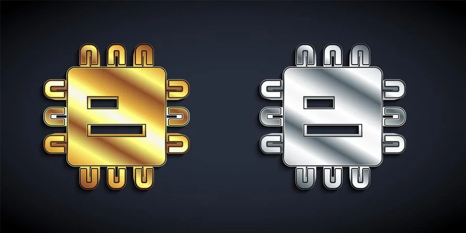 Gold and silver Computer processor with microcircuits CPU icon isolated on black Illustrazione stock