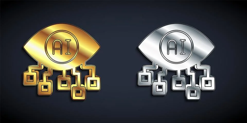 Gold and silver Computer vision icon isolated on black background. Technical Illustrazione stock