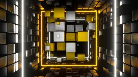 Gold and Silver Cubic Entity Move Through Tunnel Background VJ Loop in 4K Stock Footage 293191572