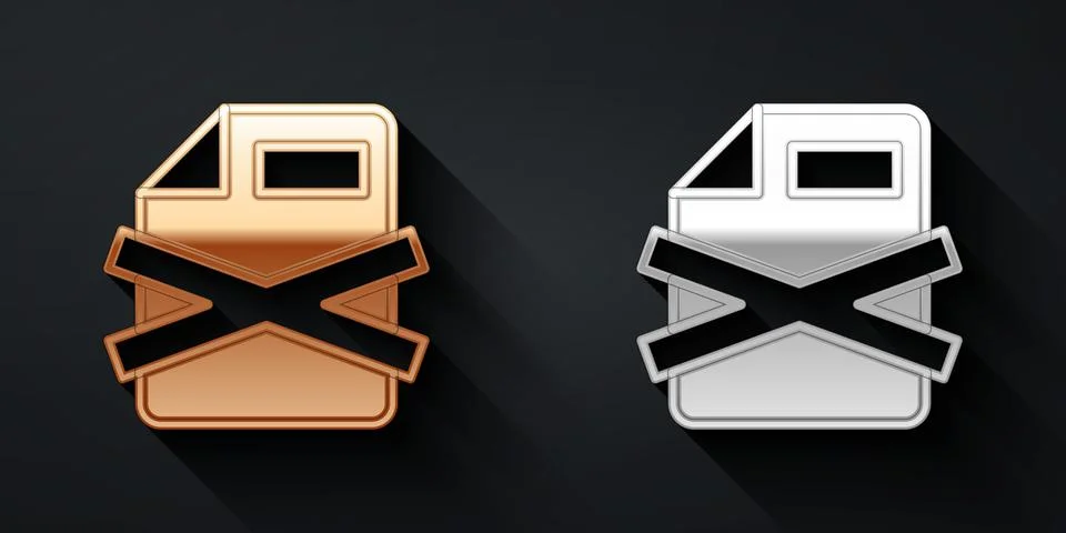 Gold and silver Delete file document icon isolated on black background. Rejected Illustrazione stock