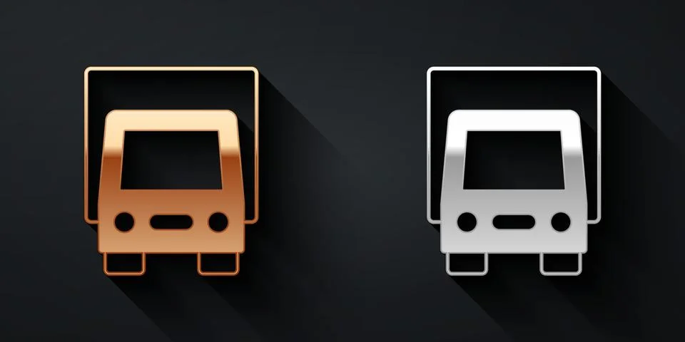 Gold and silver Delivery cargo truck vehicle icon isolated on black background Illustration