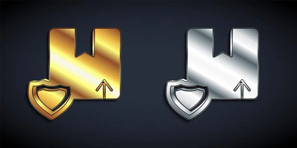 Gold and silver Delivery security with shield icon isolated on black background Illustration