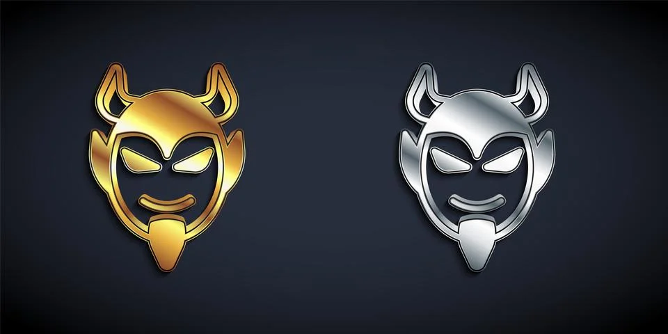 Gold and silver Devil head icon isolated on black background. Happy Halloween Stock Illustration