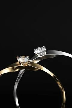 Gold And Silver Diamond Ring Couple Isolated On black Background, 3D Renderin Stock Photos