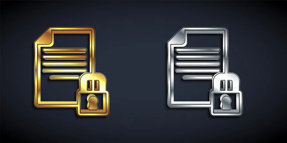 Gold and silver Document and lock icon isolated on black background. File for Illustrazione stock
