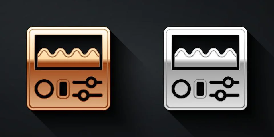 Gold and silver Drum machine icon isolated on black background. Musical Illustrazione stock