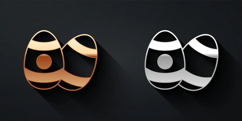 Gold and silver Easter egg icon isolated on black background. Happy Easter. Long Stock Illustration