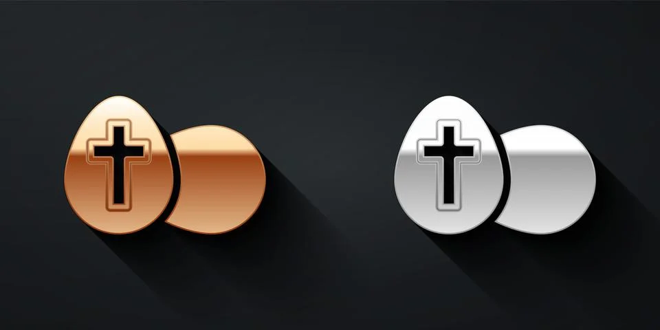 Gold and silver Easter egg icon isolated on black background. Happy Easter. Long Stock Illustration