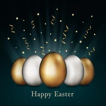 Gold and silver easter eggs on dark background. Easter golden and white eggs. Stock Illustration