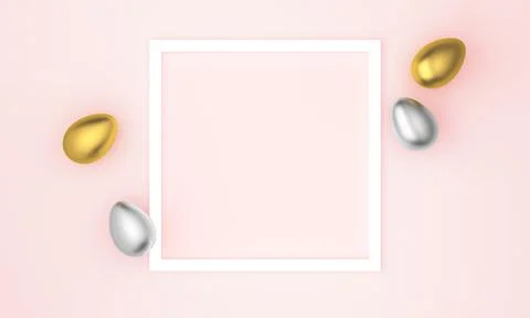 Gold and silver easter eggs on pastel pink background. Flat lay, top view, copy Stock Illustration