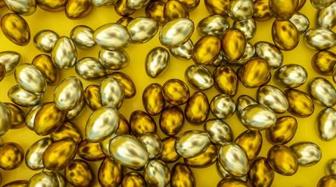 Gold and silver Easter eggs on a yellow backdrop. easter background. 3d rende Stockillustratie